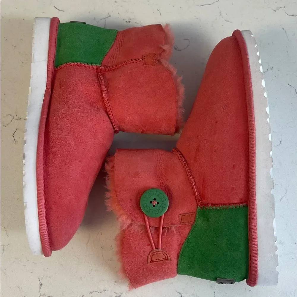 UGG Mini Bailey Button Neon Pink & Green Boots Style Number 1004318 Size 9 Rare